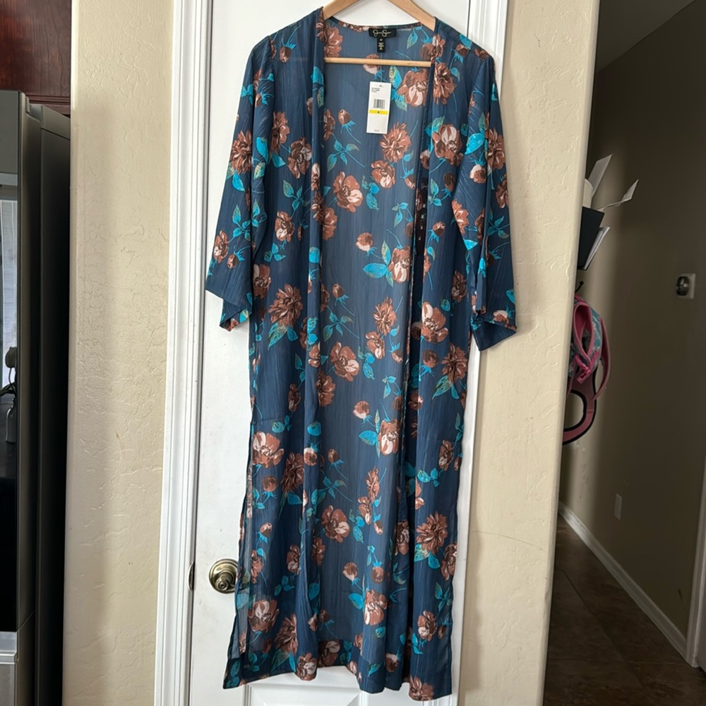 Jessica Simpson Women’s Med Blue Brown Floral Beau Femme Blakely Beach cover up